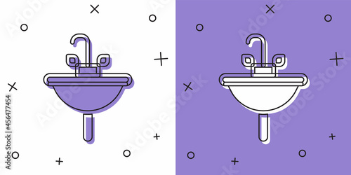 Set Washbasin with water tap icon isolated on white and purple background. Vector