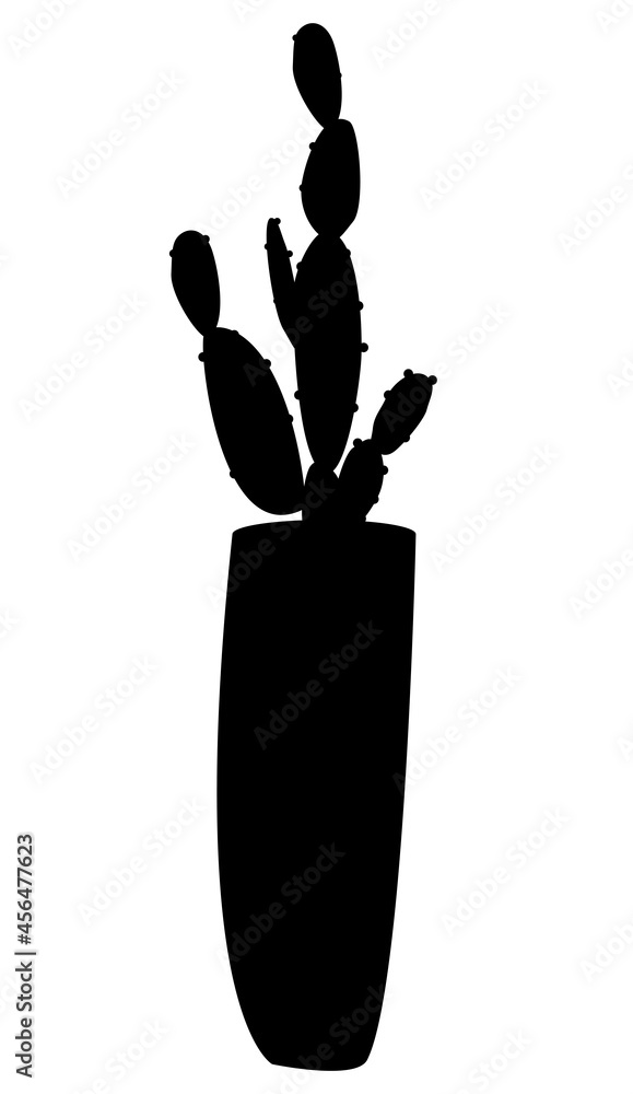 Vector image of a potted indoor cactus, isolated black silhouette of a cactus on a white background. The silhouette of a domestic cactus. Vector image of a potted indoor cactus, isolated black silhouette of a cactus on a white background. The silhouette of a domestic cactus.