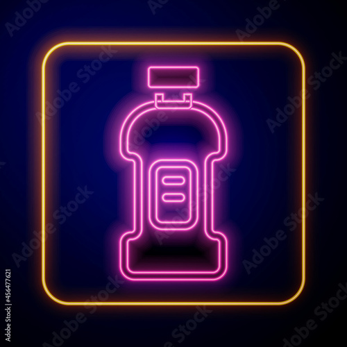 Glowing neon Plastic bottle for laundry detergent, bleach, dishwashing liquid or another cleaning agent icon isolated on black background. Vector