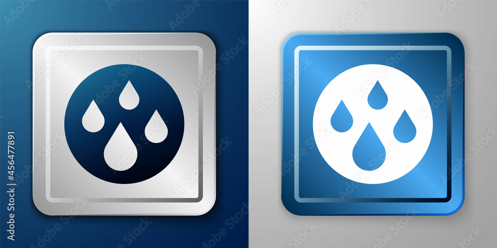 White Water drop icon isolated on blue and grey background. Silver and blue square button. Vector White Water drop icon isolated on blue and grey background. Silver and blue square button. Vector