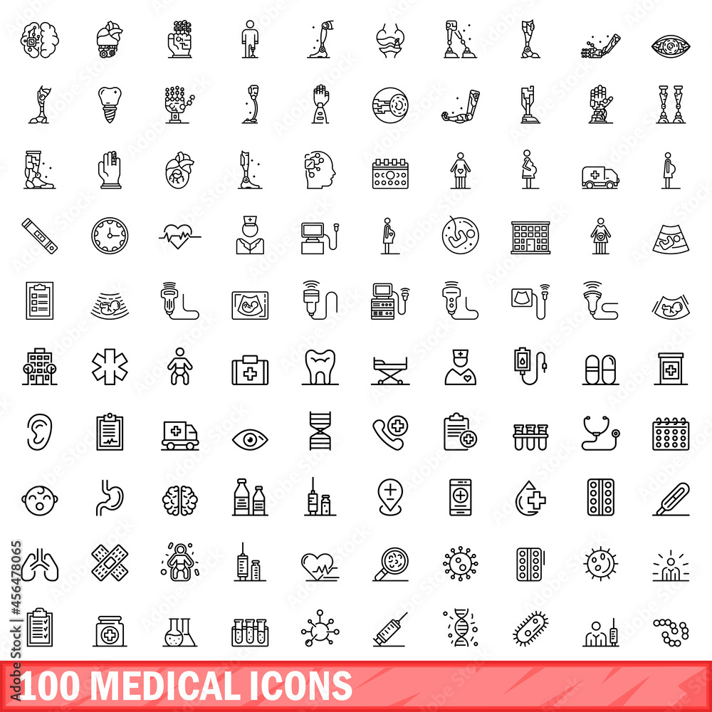 100 medical icons set. Outline illustration of 100 medical icons vector set isolated on white background 100 medical icons set. Outline illustration of 100 medical icons vector set isolated on white background