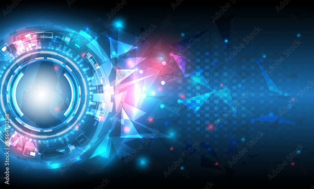 Obraz premium Futuristic Sci-Fi glowing HUD circle element. Abstract hi-tech background. Hologram particle of head-up display interface. Virtual reality technology of computer cyber, machine, data and engineer