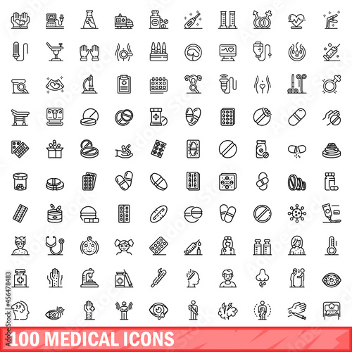 100 medical icons set. Outline illustration of 100 medical icons vector set isolated on white background