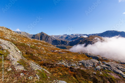 Beautiful view of the mountains in Rosendal Norway. On a hiking trip to Bjørndalstraversen.