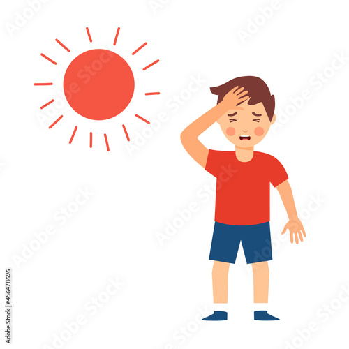 Sweaty boy child suffering from hot weather strong sunlight in flat design. Nausea and dizziness symptom. Hot summer day.