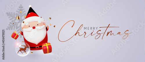 Merry Christmas and Happy New 2022 Year design template with Santa Clauss, glossy balls, light garland, snowflakes and nordic toys.