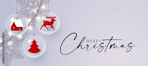 Merry Christmas and Happy New 2022 Year design template with glossy balls, light garland, snowflakes and nordic toys