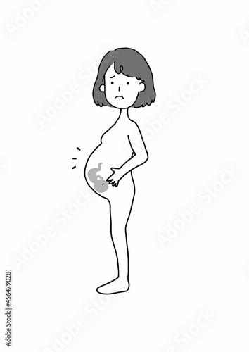 困り顔の裸の妊婦と胎児のイメージイラスト白黒