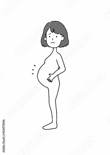 困り顔の裸の妊婦イメージイラスト白黒