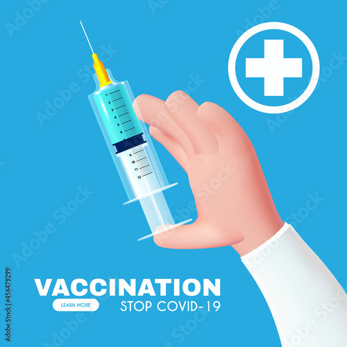 Vaccination 3D design. Coronavirus 2019 Vaccile. Stop Coronavirus design with realistic syringe. Healthcare