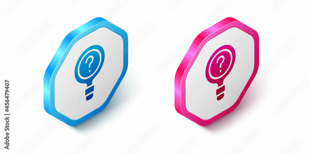 Isometric Unknown search icon isolated on white background. Magnifying glass and question mark. Hexagon button. Vector Isometric Unknown search icon isolated on white background. Magnifying glass and question mark. Hexagon button. Vector