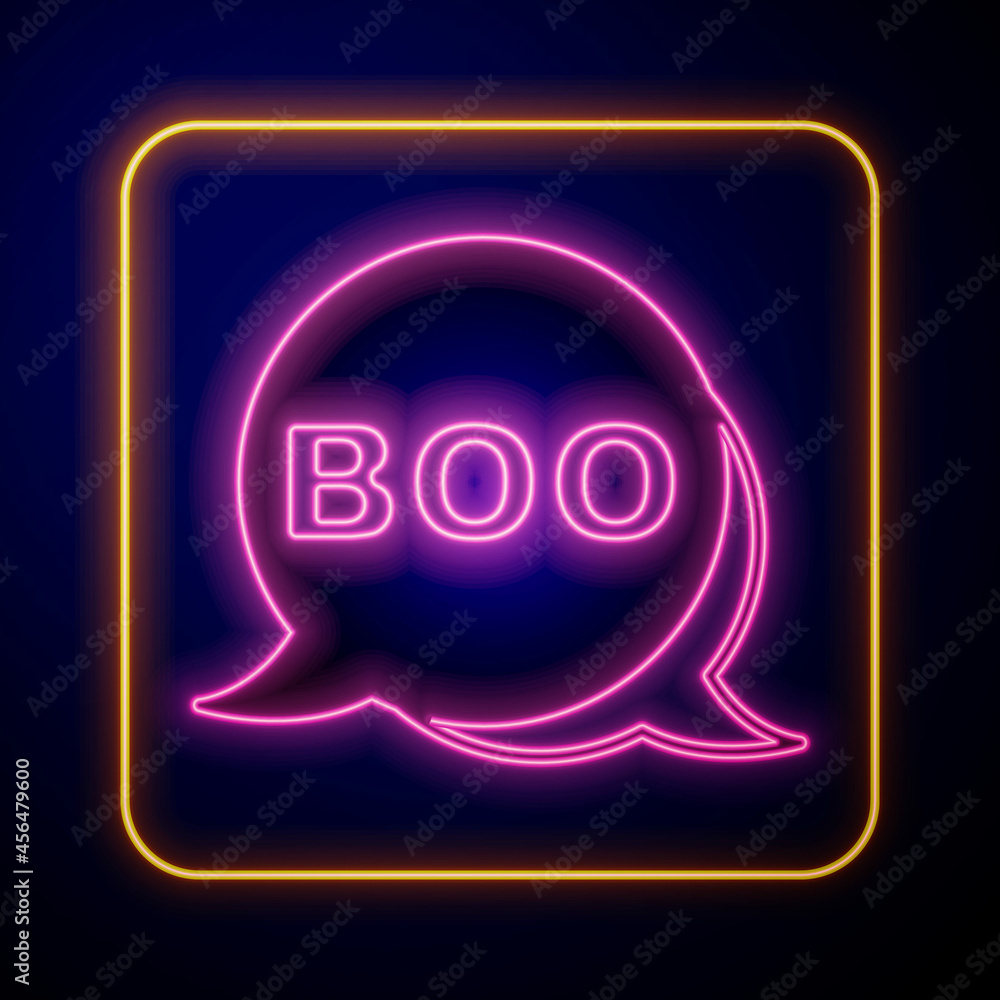 Obraz premium Glowing neon Boo speech bubble icon isolated on black background. Happy Halloween party. Vector