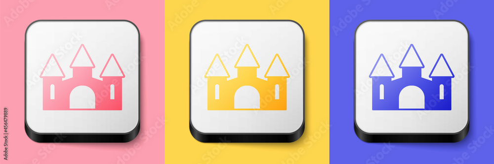 Isometric Castle icon isolated on pink, yellow and blue background. Medieval fortress with a tower. Protection from enemies. Reliability and defense of the city. Square button. Vector Isometric Castle icon isolated on pink, yellow and blue background. Medieval fortress with a tower. Protection from enemies. Reliability and defense of the city. Square button. Vector