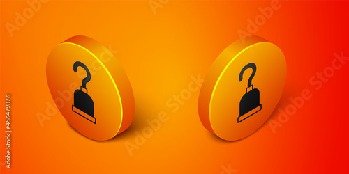 Isometric Pirate hook icon isolated on orange background. Happy Halloween party. Orange circle button. Vector