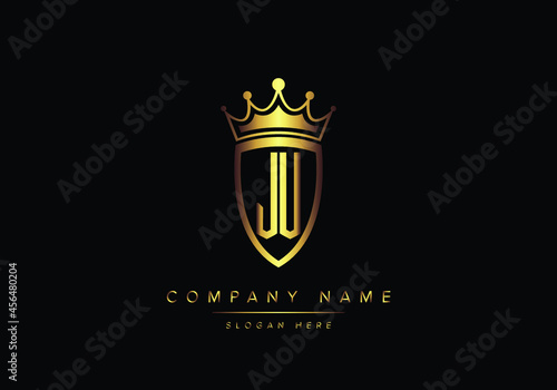 Alphabet letters JU monogram logo, gold color, shield style, luxury style, vector illustration
