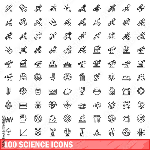 100 science icons set. Outline illustration of 100 science icons vector set isolated on white background