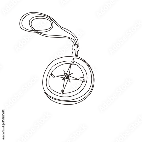 Single continuous line drawing hiking compass icon symbol. Camping scouting with useful summer travel equipment tools provisions compass. Dynamic one line draw graphic design vector illustration