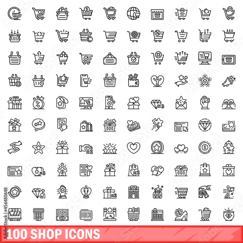 100 shop icons set. Outline illustration of 100 shop icons vector set isolated on white background