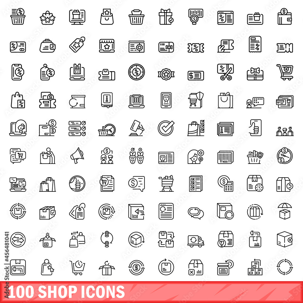 100 shop icons set. Outline illustration of 100 shop icons vector set isolated on white background 100 shop icons set. Outline illustration of 100 shop icons vector set isolated on white background
