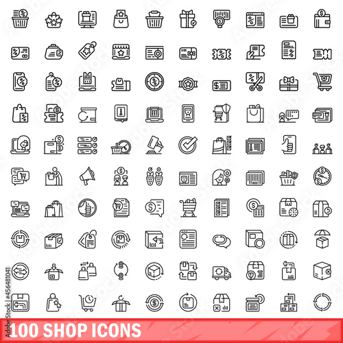 100 shop icons set. Outline illustration of 100 shop icons vector set isolated on white background