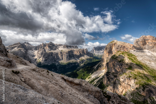 Landscape of Alta Badia seen from the mountain Sassongher, Dolomites, Italy