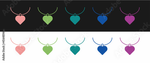 Set Necklace with heart shaped pendant icon isolated on black and white background. Jewellery decoration. International Happy Women Day. Vector