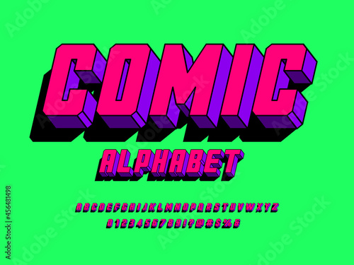 Superhero comic style vector font with uppercase, numbers and symbols