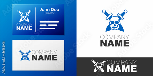 Logotype Crossed medieval sword with skull icon isolated on white background. Medieval weapon. Logo design template element. Vector