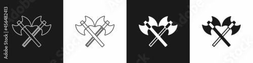 Set Crossed medieval axes icon isolated on black and white background. Battle axe, executioner axe. Medieval weapon. Vector