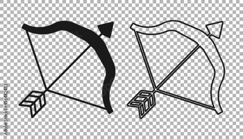 Black Medieval bow and arrow icon isolated on transparent background. Medieval weapon. Vector