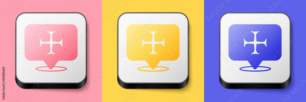 Isometric Crusade icon isolated on pink, yellow and blue background. Square button. Vector Isometric Crusade icon isolated on pink, yellow and blue background. Square button. Vector