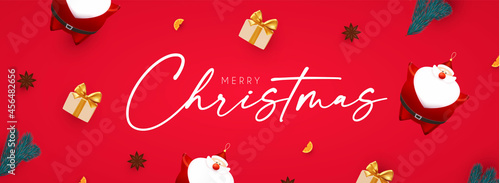 Merry Christmas and Happy New 2022 Year design template with 3D elements Santa Claus, gifts, fir tree and balls. Holiday design.