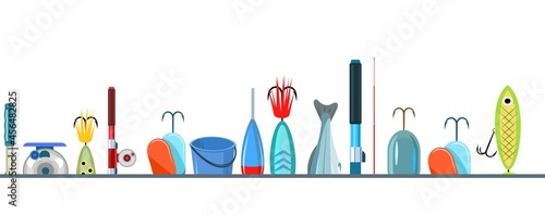 Fishing accessories. A variety of items complete set. Isolated on white background. Bottom border. Vector