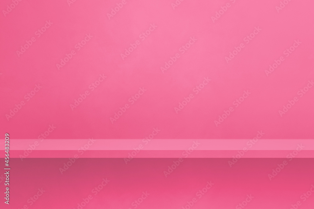 Empty shelf on a pink wall. Background template. Horizontal backdrop Empty shelf on a pink wall. Background template. Horizontal backdrop