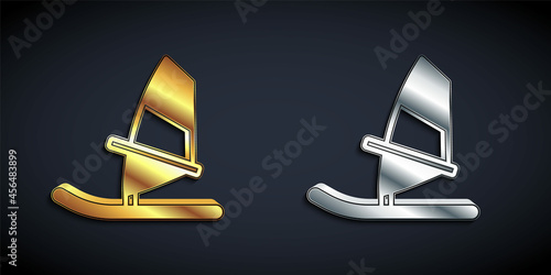 Gold and silver Windsurfing icon isolated on black background. Long shadow style. Vector