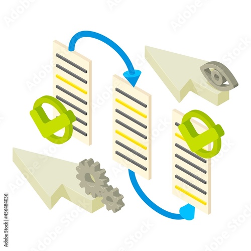 Digital ledger icon isometric vector. Web page, cursor, transition arrow, checkmark. Blockchain technology, cryptocurrency concept, ordered record