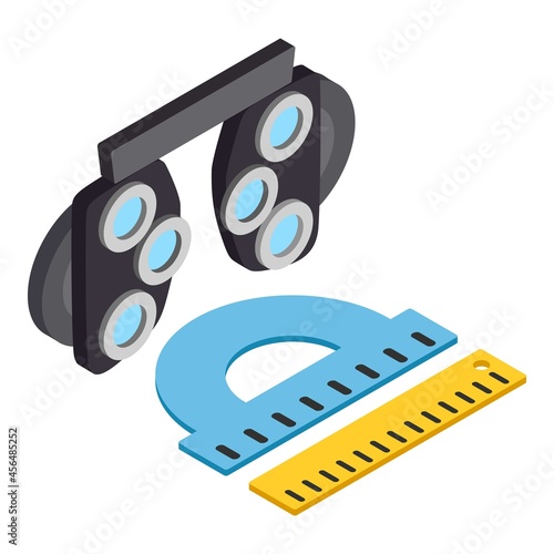 Eye examination icon isometric vector. Optical phoropter and measuring tool icon. Modern optometrist equipment, ophthalmology concept