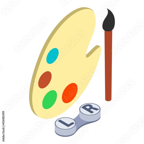 Multicolored lenses icon isometric vector. Lens container and paint palette. Decorative contact lenses, ophthalmic accessory