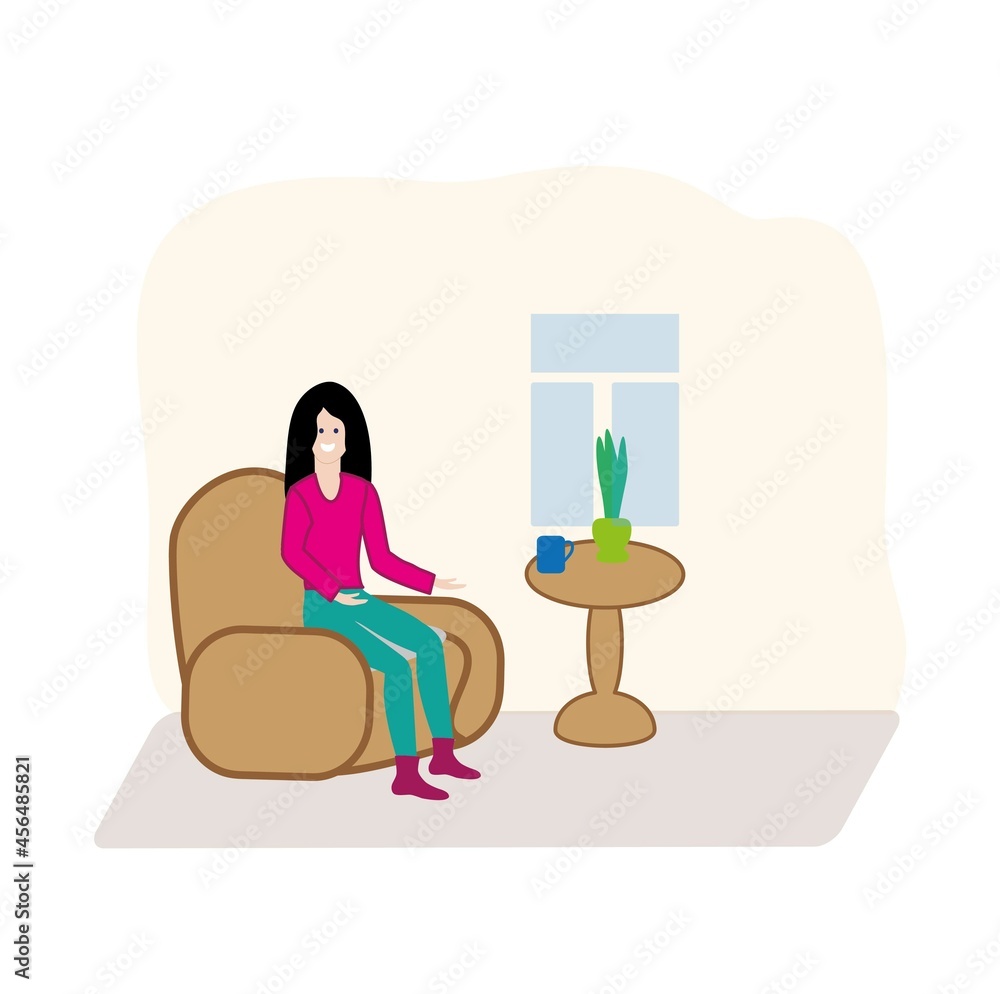 a woman at home is sitting on a chair resting, a happy girl, flat design style
a woman at home is sitting on a chair resting, a happy girl, flat design style