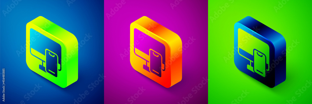 Isometric Online ordering and fast food delivery icon isolated on blue, purple and green background. Square button. Vector Isometric Online ordering and fast food delivery icon isolated on blue, purple and green background. Square button. Vector