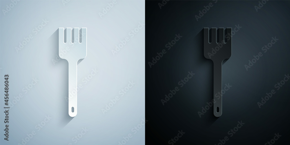 Paper cut Fork icon isolated on grey and black background. Cutlery symbol. Paper art style. Vector Paper cut Fork icon isolated on grey and black background. Cutlery symbol. Paper art style. Vector