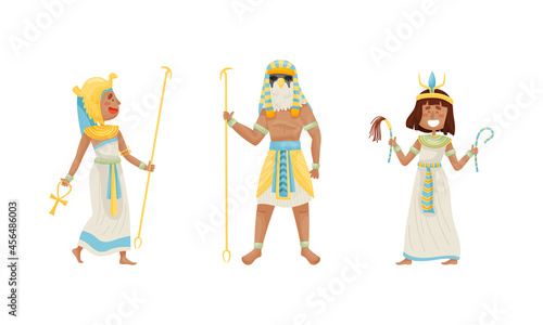 Egyptian God and Deities Wearing Antique Clothing and Holding Rod Vector Set