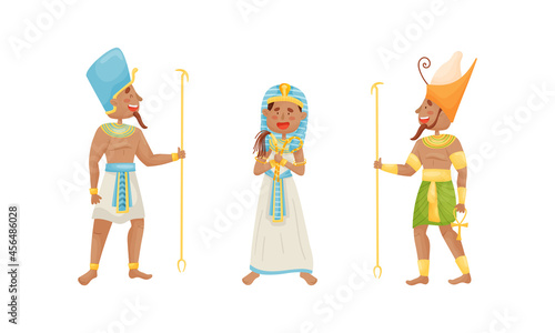 Egyptian God and Deities Wearing Antique Clothing and Holding Rod Vector Set