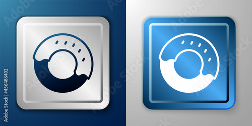 White Donut with sweet glaze icon isolated on blue and grey background. Silver and blue square button. Vector