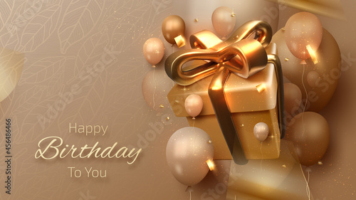 Happy birthday card background, gift box with balloons and golden ribbon around, 3d style luxury backdrop, modern template invitation design. realistic vector illustration.