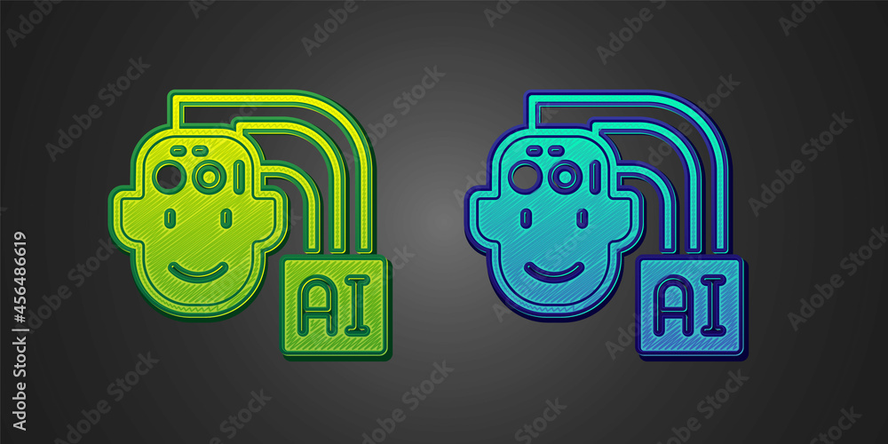 Green and blue Humanoid robot icon isolated on black background. Artificial intelligence, machine learning, cloud computing. Vector Green and blue Humanoid robot icon isolated on black background. Artificial intelligence, machine learning, cloud computing. Vector