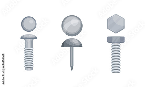 Metal Fastener and Nail as Small Object and Hardware Device Used for Joining Vector Set