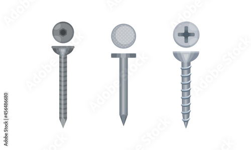 Metal Fastener and Nail as Small Object and Hardware Device Used for Joining Vector Set