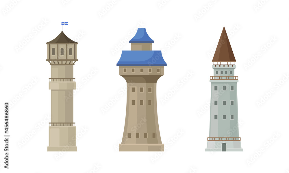 Medieval Castle Tall Tower or Turret Made of Stone Vector Set