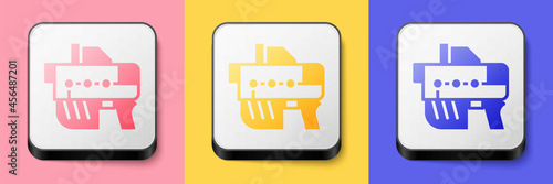 Isometric Futuristic space gun blaster icon isolated on pink, yellow and blue background. Laser Handgun. Alien Weapon. Square button. Vector